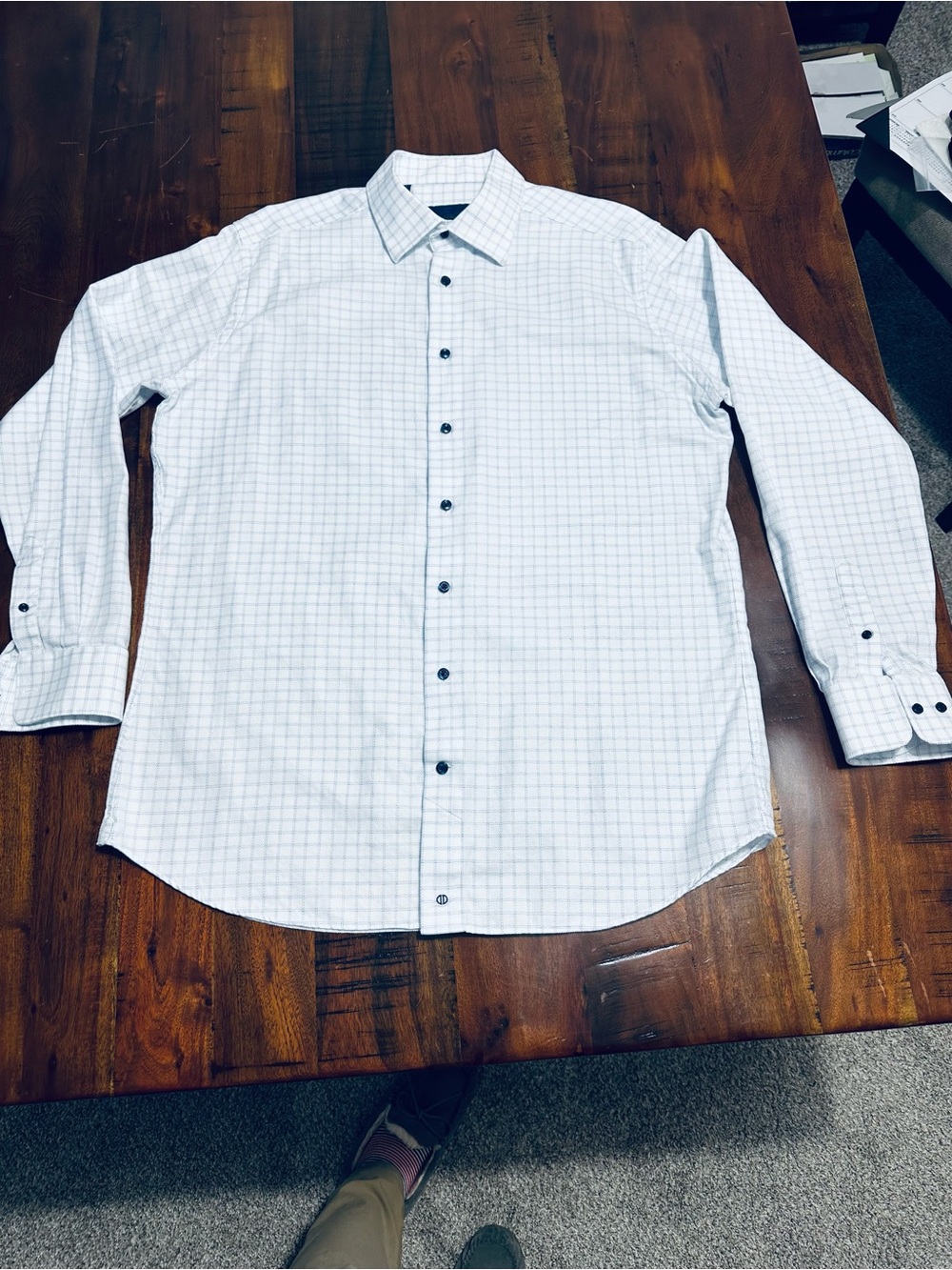 David Donahue Trim Fit White Dress Shirt with Light Blue Windowpane